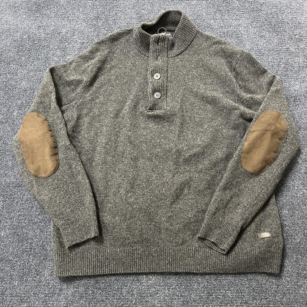 Barbour Sweater Mens 2XL Gray Wool Mock Neck Henley Elbow‎ Patch Knit Pullover